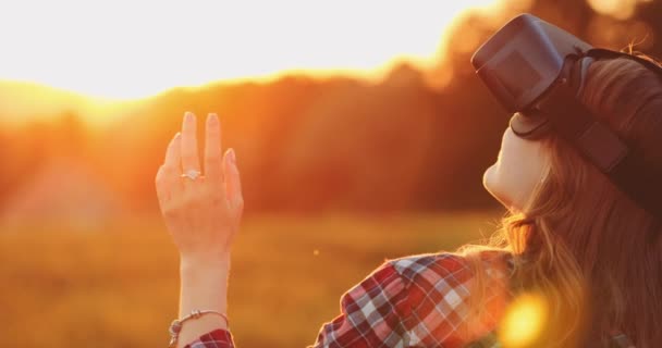 Woman Cheering Virtual Reality Glasses Outdoors Slow Motion Young Joyful — Stock Video