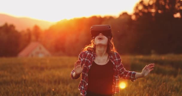 Woman Cheering Virtual Reality Glasses Outdoors Slow Motion Young Joyful — Stock Video