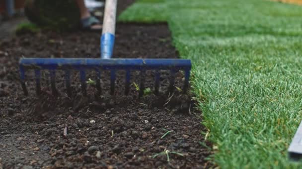 Gardener Grading Out Soil Rake Slow Motion Unrecognizable Persons Hands — Stock Video