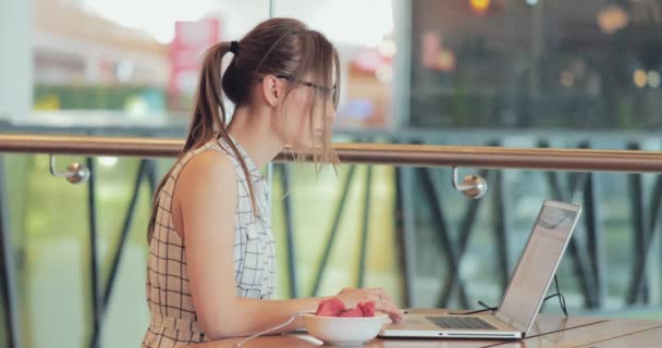 Mulher Negócios Trabalhar Portátil Working Space Movimento Lento Dci Jovem — Vídeo de Stock