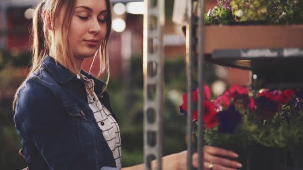 Vrouw Die Bloemen Koopt Een Zonovergoten Tuinwinkel Jonge Vrouw Winkelen — Stockvideo