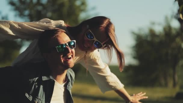 Happy Couple Having Fun Outdoors Slow Motion Smiling Man Woman — Stock Video