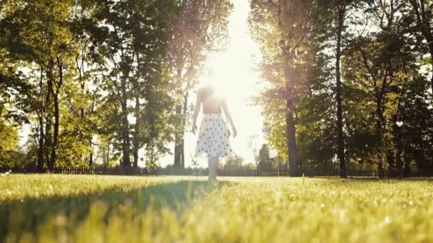 Barefoot Woman Feet Walking Green Grass City Park Slow Motion — Stock Video