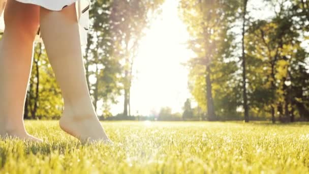 Barefoot Woman Feet Walking Green Grass City Park Slow Motion — Stock Video