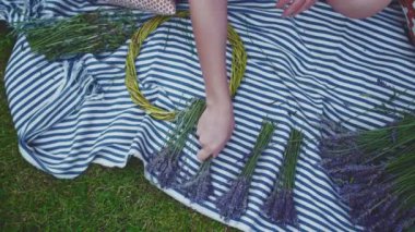 Lavanta Çelengi Yapan Kadın. Yavaş bir hareket yap. Tanınmayan kadın çiçekçi elleri saf lavanta çiçekleriyle süsleme yapıyor. Provence Fransız bahçesinde huzurlu bir gecenin tadını çıkaran bir kız..