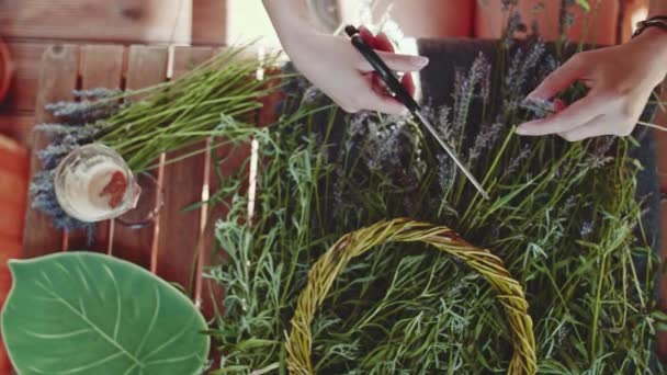 Woman Making Lavender Wreath Slow Motion Unrecognizable Female Florist Hands — Stock Video