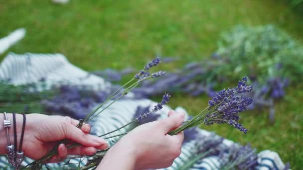 Vrouw Die Lavendel Woede Maakt Vertraag Bewegen Onherkenbare Vrouwelijke Bloemist — Stockvideo