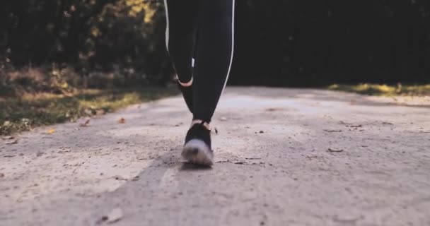 Unrecognizable Runner Donna Piedi Running In The Park Esercizio all'aperto. Colpo stabilizzato Gimbal 4K. SLOW MOTION. La sportiva indossa scarpe sportive a piedi nudi mentre fa jogging. Lens Flare. Stile di vita sano. — Video Stock