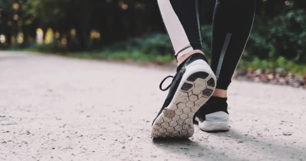 Nierozpoznany Runner Woman Feet Running In The Park Ćwiczenia na świeżym powietrzu. Gimbal Stabilizowany strzał 4K. SLOW MOTION. Sportowiec nosi buty sportowe boso podczas joggingu. Rozbłysk soczewki. Zdrowy styl życia. — Wideo stockowe