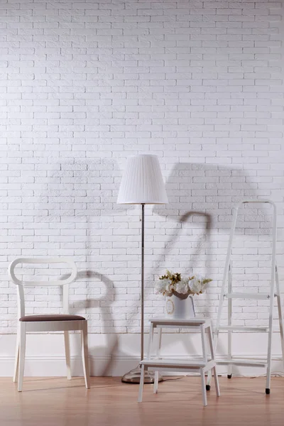 Modern Loft Interior Lamp Chair Stair Flowers White Brick Wall — Stock Photo, Image