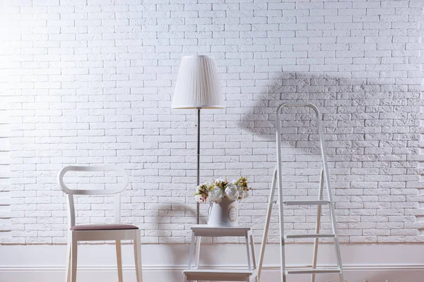 Modern Loft Interior Lamp Chair Stair Flowers White Brick Wall — Stock Photo, Image