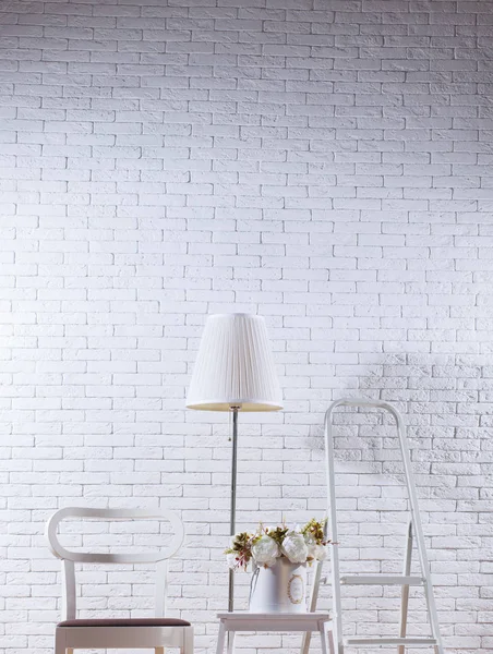 Lamp Ladder Chair White Peony White Wall Background — Stock Photo, Image