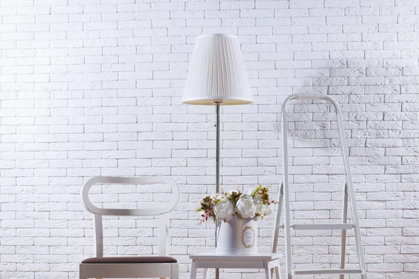 Modern Loft Interior Lamp Chair Stair Flowers White Brick Wall — Stock Photo, Image