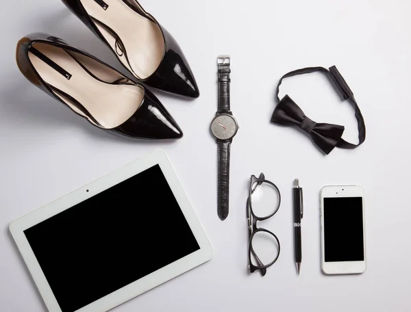 Set of business woman accessories on white background