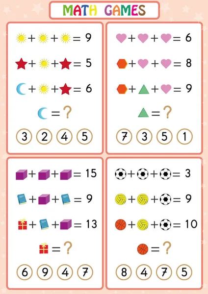 재미 있는 어린이, 어린이 워크시트 문제를 해결 하기 위해 배우는 아이 들을 위한 수학 교육 게임. — 스톡 벡터