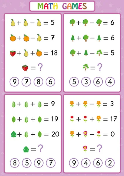 Mathematik-Lernspiel für Kinder, lustige Arbeitsblätter für Kinder, Kinder lernen Probleme zu lösen. — Stockvektor