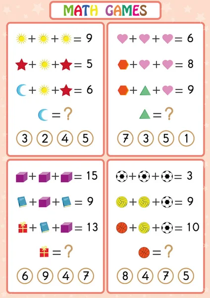 Mathematik-Lernspiel für Kinder, lustige Arbeitsblätter für Kinder, Kinder lernen Probleme zu lösen. — Stockvektor