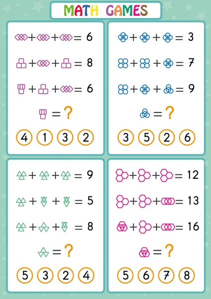 Mathematik-Lernspiel für Kinder, lustige Arbeitsblätter für Kinder, Kinder lernen Probleme zu lösen. — Stockvektor