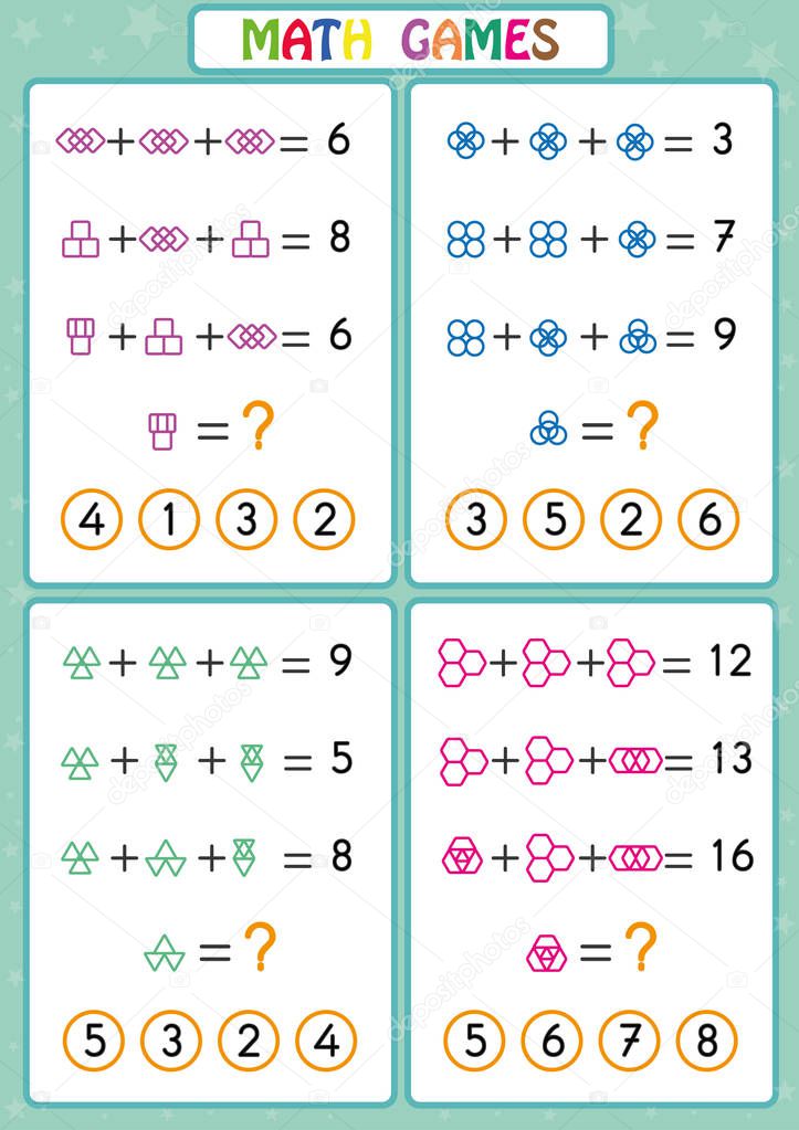 Mathematics educational game for kids, fun worksheets for children, Children are learning to solve problems.