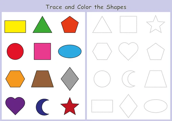 Die geometrischen Formen nachzeichnen und einfärben, Arbeitsblatt für Kinder — Stockfoto