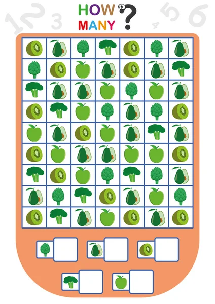 Planilha para crianças, Contar o número de objetos, Aprender os números, quantos objetos, jogo de crianças educativas —  Vetores de Stock