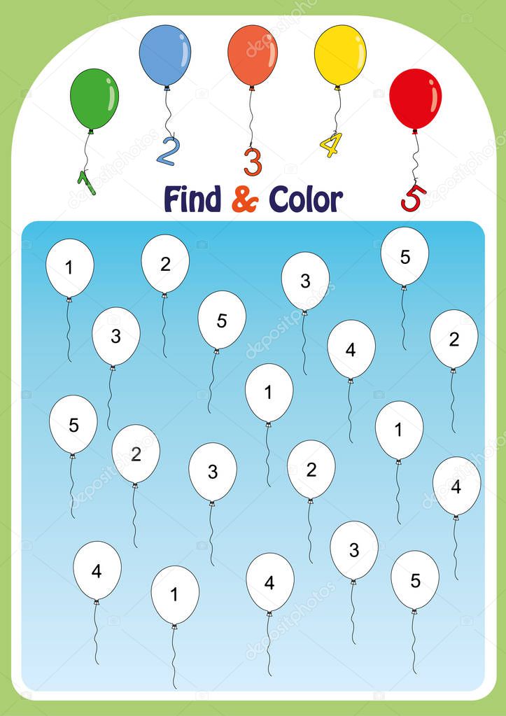 find and color numbers 1-5, math worksheet for kids