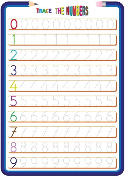 Crianças estão aprendendo os números, planilha matemática para crianças, 0 a 9 os números, rastrear os números —  Vetores de Stock