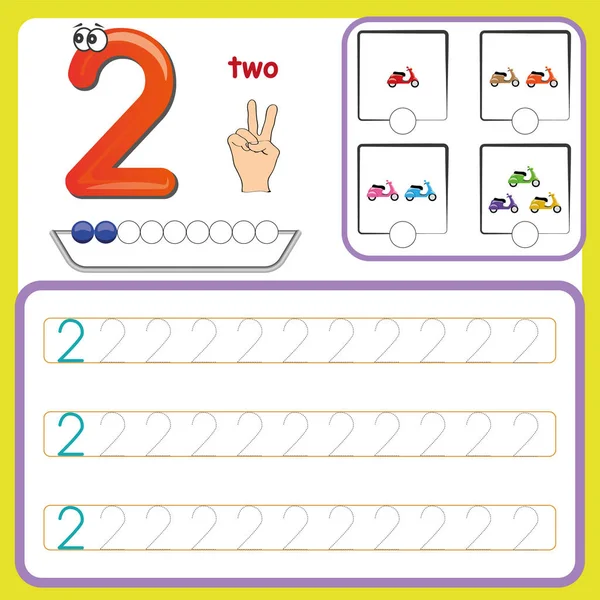 Number cards, Counting and writing numbers, Learning numbers, Numbers tracing worksheet for preschool — Stock Vector