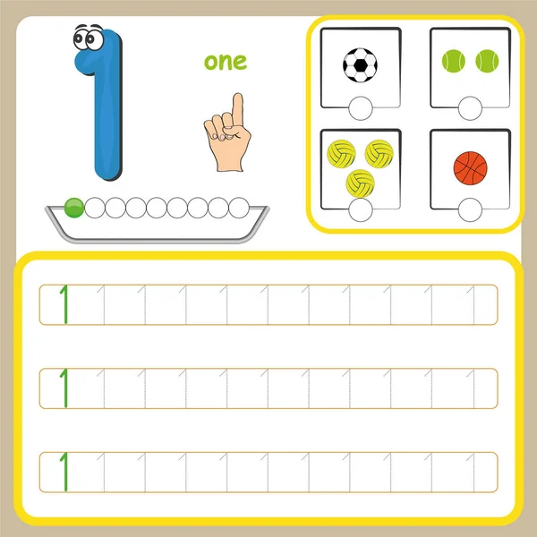 Number cards, Counting and writing numbers, Learning numbers, Numbers tracing worksheet for preschool — Stock Vector
