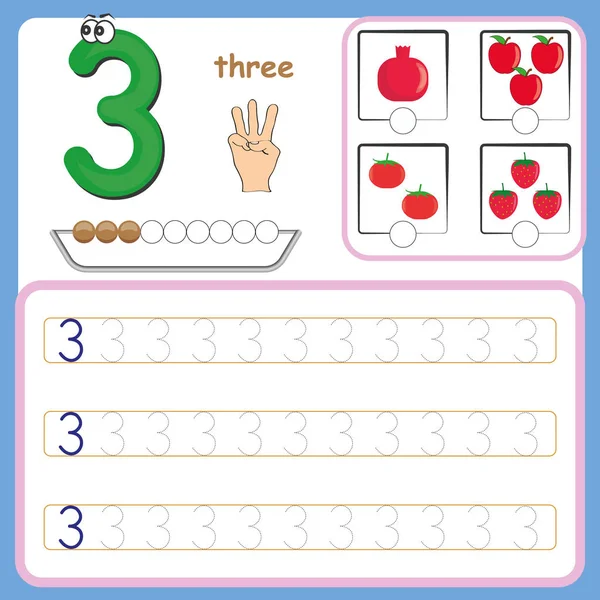 Cartões numéricos, Contagem e escrita de números, Números de aprendizagem, Planilha de rastreamento de números para pré-escola —  Vetores de Stock
