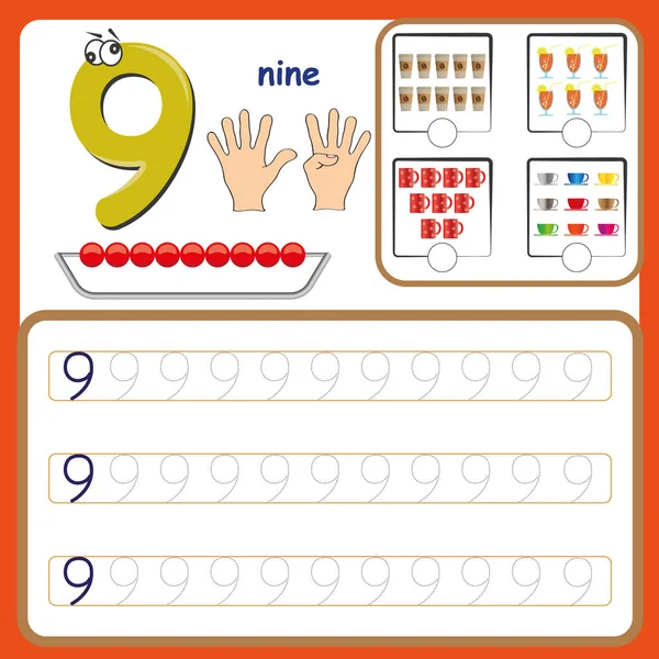 카드, 계산, 글 번호, 학습 번호, 유치원에 대 한 숫자 추적 워크시트 번호 — 스톡 벡터