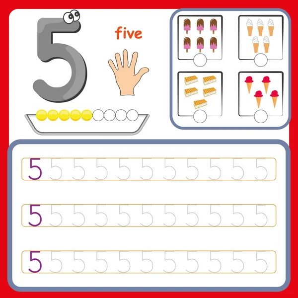 Zahlenkarten, Zählen und Schreiben von Zahlen, Lernnummern, Nummernrückverfolgung für Vorschulkinder — Stockvektor
