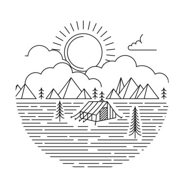 Arka plan - rustik monoline tasarım arka plan gündoğumu Monoline kamp. Sunrise sahne çadır, ağaçlar ve dağlar güneşin ve bulutların altında.