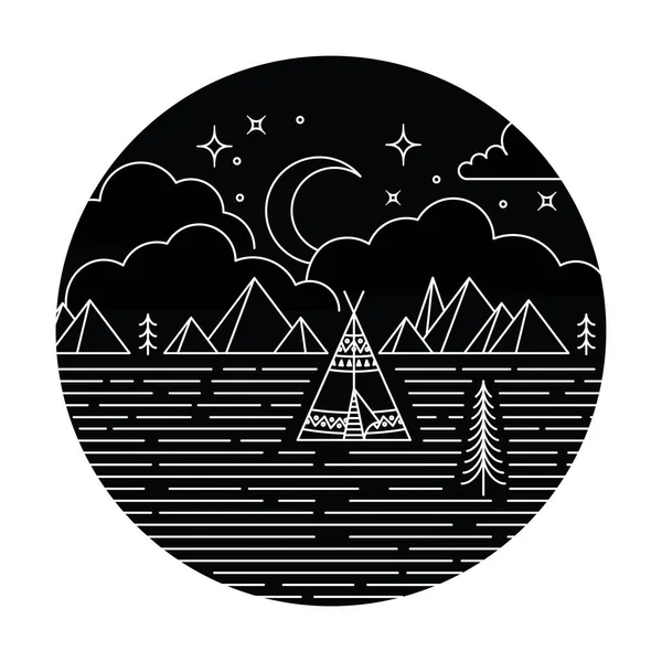 帐篷单线设计 质朴单线设计背景 树和山在晚上在月亮之下 星和云彩 — 图库矢量图片