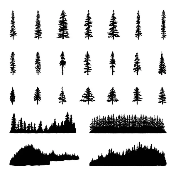 Silhouettes Arbresillustrations Dessinées Main Arbres Lignes Arbres Forêts — Image vectorielle