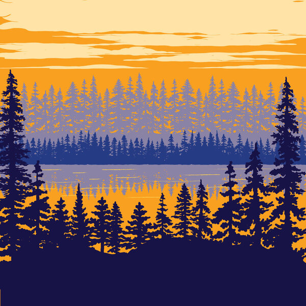 Винтажный плакат природы - Деревья на сцене, деревья, озеро и облака
.