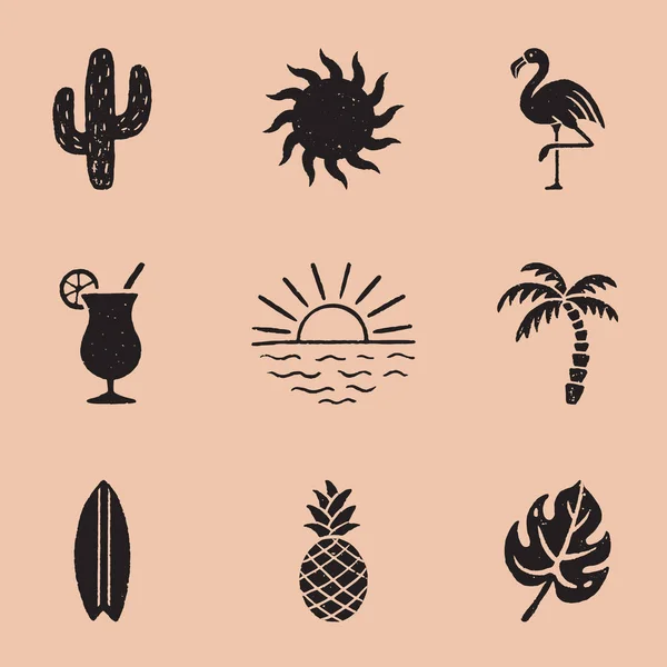 Vintage Summer Icon Illustrations Set Summer Hand Drawn Icons Timeless — Stock Vector