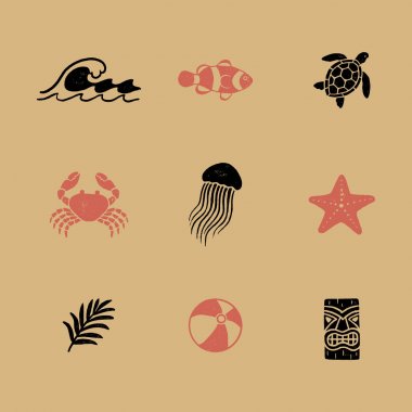 Vintage Tropikal Simgeler - Set 9 tropik el zamansız bir tarzda çizilmiş çizimler. Her simge nin pürüzlü, klasik bir dokusu vardır. Logolar, t-shirt tasarımları, posterler ve daha fazlası için kullanın!
