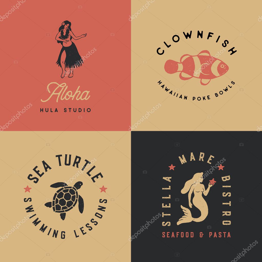 Vintage Tropical Illustrations - Set of 4 tropical hand drawn illustrations in a timeless style. Each icon has a rough, vintage texture. Use them for logos, t-shirt designs, posters and more!