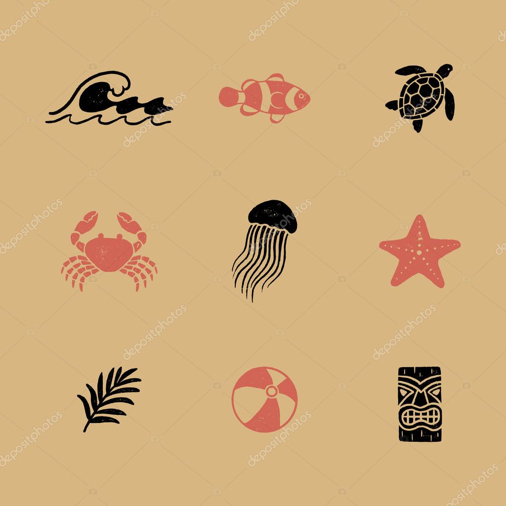Vintage Tropical Icons - Set of 9 tropical hand drawn illustrations in a timeless style. Each icon has a rough, vintage texture. Use them for logos, t-shirt designs, posters and more!