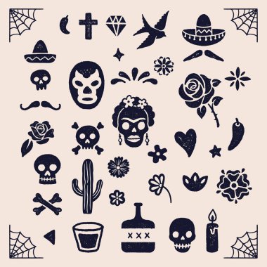 Vintage Day of the Dead grafikleri - Dia de los Muertos için renkli çizimler. Vintage dokular ile çizilmiş el.
