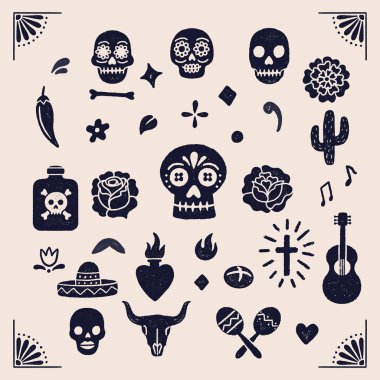 Vintage Day of the Dead grafikleri - Dia de los Muertos için renkli çizimler. Vintage dokular ile çizilmiş el.