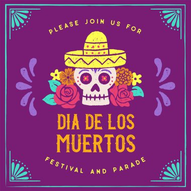 Day of the Dead Hand Drawn Logo Design - Day of the Dead themed logo with hand drawn graphic elements. The rough texture gives it an authentic vintage style. The logo design features a sugar skull wearing a sombrero surrounded by flowers. clipart