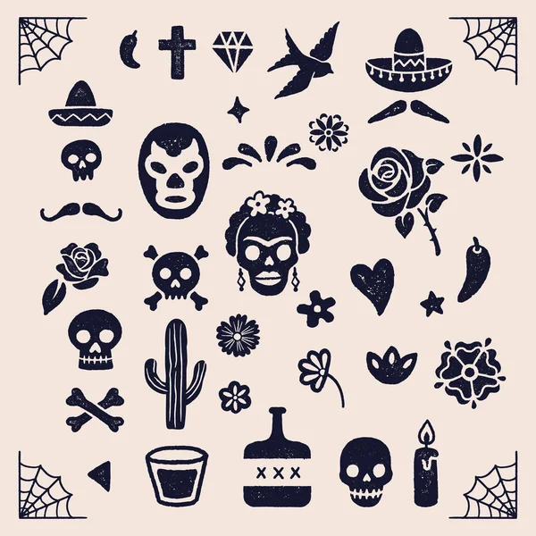 Vintage Day Dead Graphics Coloridas Ilustraciones Para Dia Los Muertos — Archivo Imágenes Vectoriales