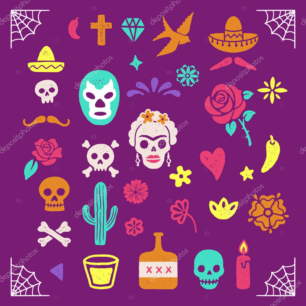 Vintage Day of the Dead graphics - Colorful illustrations for Dia de los Muertos. Hand drawn with vintage textures.