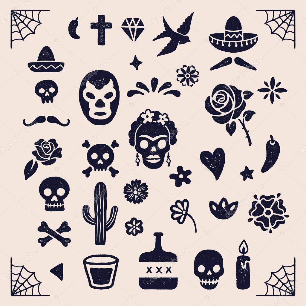 Vintage Day of the Dead graphics - Colorful illustrations for Dia de los Muertos. Hand drawn with vintage textures.
