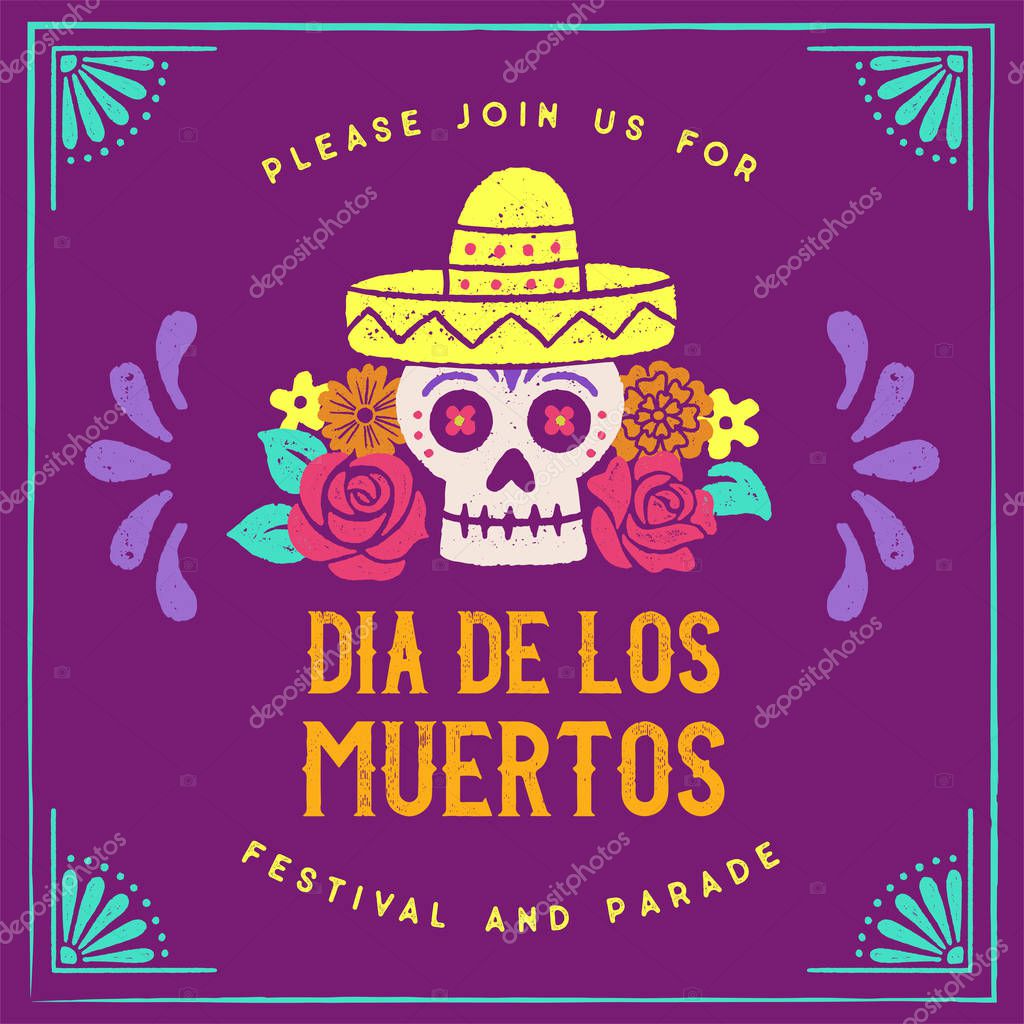 Day of the Dead Hand Drawn Logo Design - Day of the Dead themed logo with hand drawn graphic elements. The rough texture gives it an authentic vintage style. The logo design features a sugar skull wearing a sombrero surrounded by flowers.
