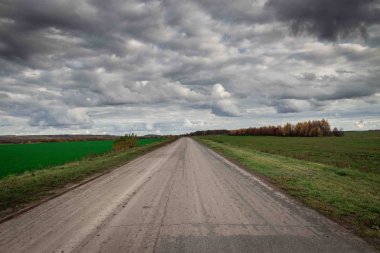 Kırsal kaldırımlı yol tarlalar arasında. Bulutların altında.