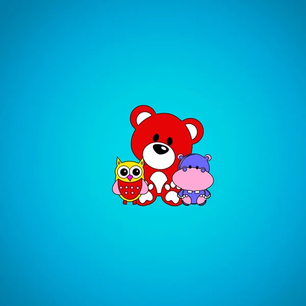 Renkli illüstrasyon. Üç oyuncak ayı baykuş ve su aygırı.