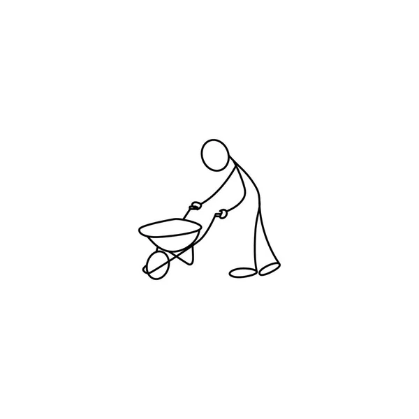 Ícone de desenho animado do homem figura vara esboço. Trabalhador da construção com carrinho de mão — Vetor de Stock